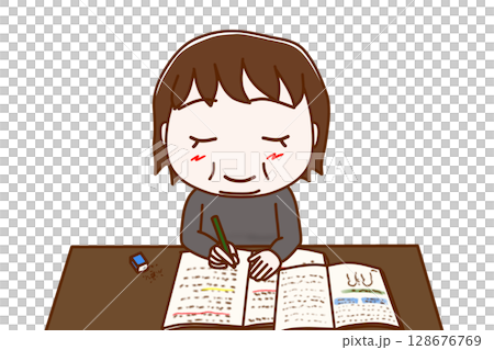 (Front upper body) A fat woman smiling and studying hard 128676769