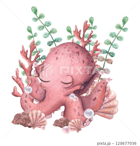Watercolor kids hand draw set of sea life. Children's illustration with octopus, seaweed, shells, coral, pearl. Hand draw reef for child. 128677036