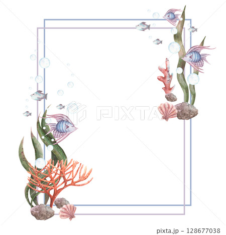 Watercolor wreath, frame of blue shells, seaweed, coral, fish. Sea life 128677038