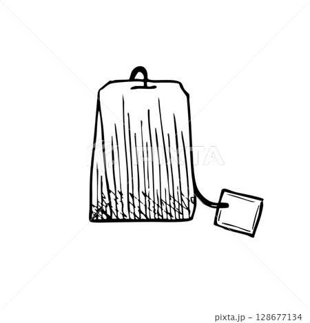 Vector tea bag. Hand drawn illustration, black and white outline for posters, postcards and design Vector tea bag. Hand drawn illustration, black and white outline for posters, postcards and design 128677134