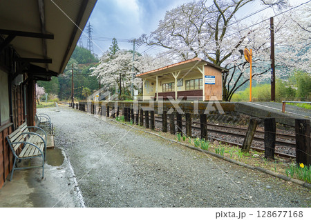静岡県川根本町　大井川鐵道大井川本線の駅　雨降りの春の青部駅 128677168