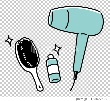 Hair dryer, brush and hair oil_monochrome Hair dryer, brush and hair oil_monochrome 128677329