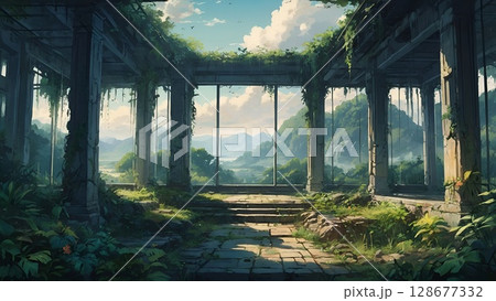 ゲーム背景　古代遺跡の残るジャングルの奥の風景 128677332