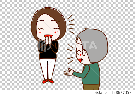 （複数）笑顔でおしゃべりし盛り上がる女性と高齢の男性 128677358
