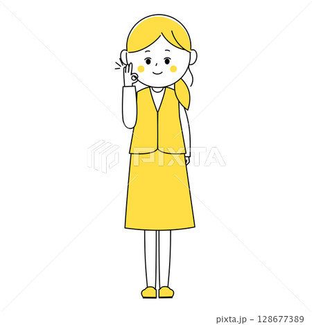 笑顔でオッケーポーズをする制服姿の女性のイラスト 128677389