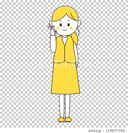 笑顔でオッケーポーズをする制服姿の女性のイラスト 128677389