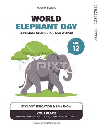 Cute Elephant Day in Hand Drawn Flat Design for Social Media Flyer Template 128677619