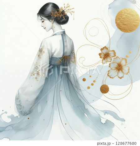 Graceful Korean Woman in Hanbok with Elegant Watercolor and Gold Ink Floral Portrait with Generative AI. 128677680