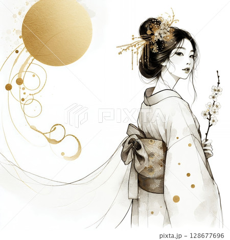 Elegant Japanese Woman in Kimono with Traditional Ink and Gold Floral Art Illustration with Generative AI. 128677696