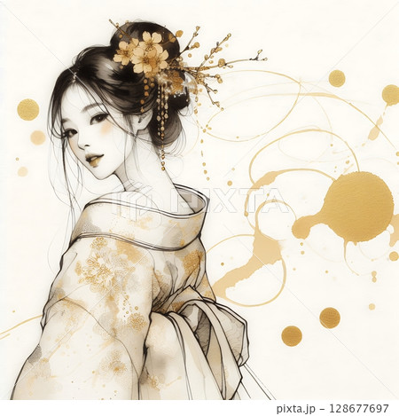 Elegant Japanese Woman in Kimono with Traditional Ink and Gold Floral Art Illustration with Generative AI. 128677697