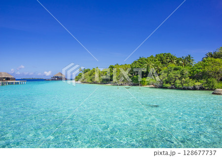 エメラルドグリーンの海とモルディブの青い空 128677737