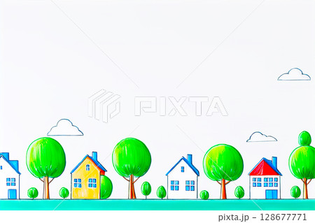 立ち並ぶ一軒家と木立 128677771