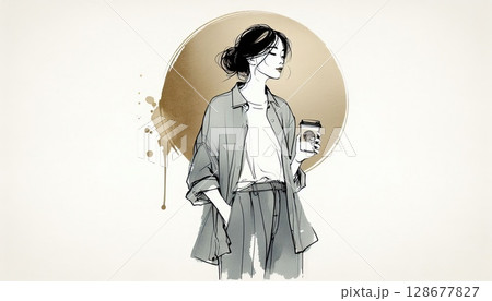 Watercolor Ink Sketch of a Woman with Coffee in Artistic Minimalist Style with Generative AI. Watercolor Ink Sketch of a Woman with Coffee in Artistic Minimalist Style with Generative AI. 128677827