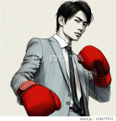 Confident Man in Suit and Boxing Gloves Ready for Battle with Generative AI. 128677972