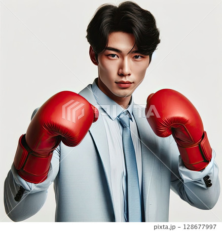 Confident Young Man Wearing Boxing Gloves Ready for a Powerful Punch with Generative AI. 128677997