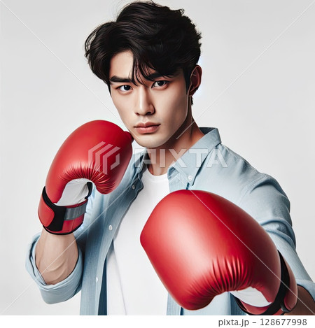 Confident Young Man Wearing Boxing Gloves Ready for a Powerful Punch with Generative AI. 128677998
