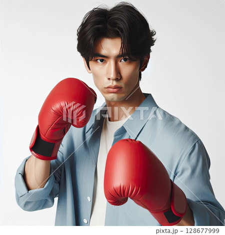 Confident Young Man Wearing Boxing Gloves Ready for a Powerful Punch with Generative AI. 128677999