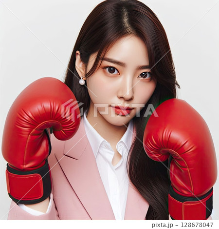 Confident Young Woman in Boxing Gloves Ready for Action with Generative AI. 128678047