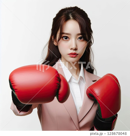 Confident Young Woman in Boxing Gloves Ready for Action with Generative AI. 128678048