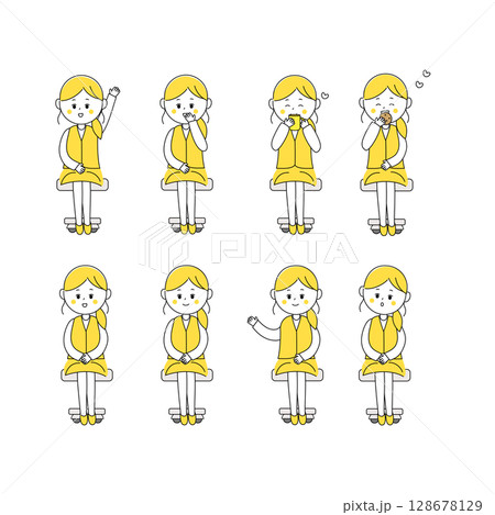 座っている制服姿の女性のイラストセット 128678129