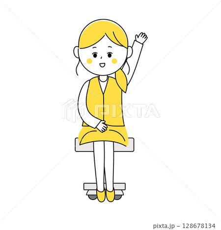 手を挙げて発言する制服姿の笑顔の女性 128678134