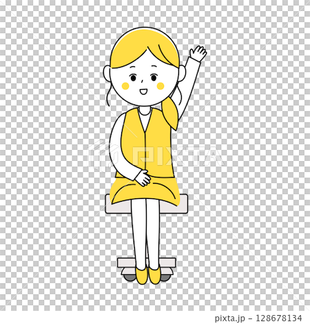 手を挙げて発言する制服姿の笑顔の女性 128678134
