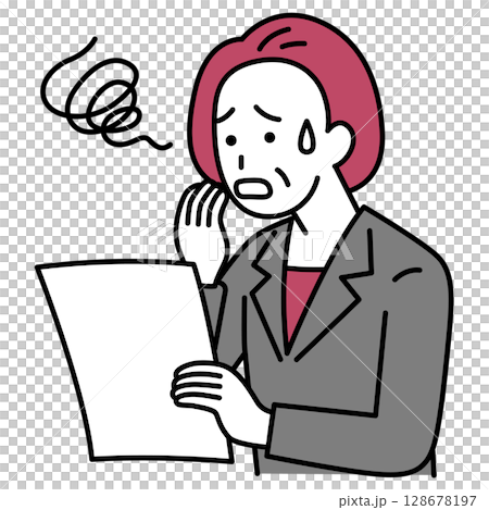 一位穿著西裝的中年婦女在看文件時感到困惑 一位穿著西裝的中年婦女在看文件時感到困惑 128678197
