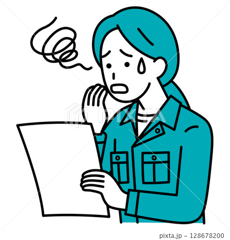 書類を見て困惑する作業員の女性 書類を見て困惑する作業員の女性 128678200