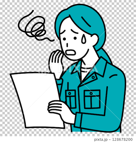 書類を見て困惑する作業員の女性 書類を見て困惑する作業員の女性 128678200