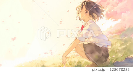 しゃがんでこちらの様子を伺う女の子 128678285