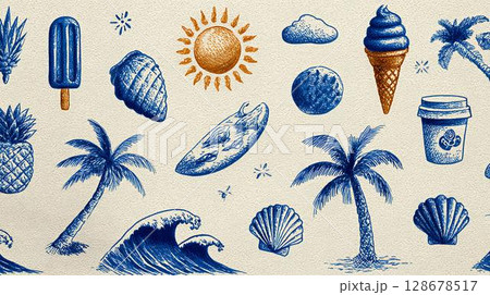 pattern with summer accessories for summer vacation 128678517