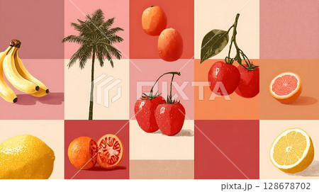 background with tropical fruits and vegetables 128678702