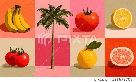 background with tropical fruits and vegetables 128678703
