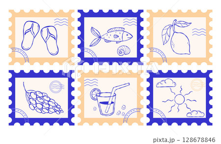 la dolce vita. Mediterranean Postage Stamps set. Vintage Summer aesthetics beach vacation blue sketch. Isolated Trendy horizontal Posters mark Hand drawing. Vector illustration. Not AI la dolce vita. Mediterranean Postage Stamps set. Vintage Summer aesthetics beach vacation blue sketch. Isolated Trendy horizontal Posters mark Hand drawing. Vector illustration. Not AI 128678846