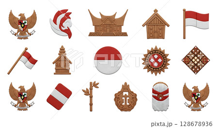 Vector Icons Set of 3D Rendered Indonesian National and Cultural Symbols Collection Garuda Flags Traditional Houses and Cultural Motifs with Soft Clay Texture. Vector Illustrations. EPS Editable.  128678936