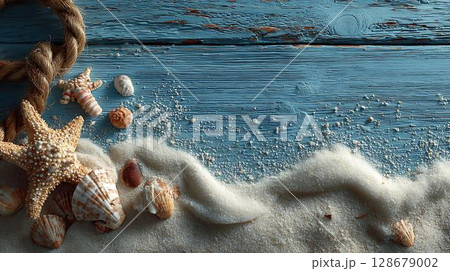 sea shells and starfish on wooden background 128679002