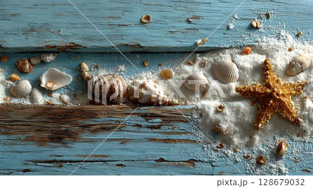 sea shells and starfish on wooden background 128679032