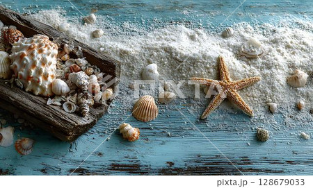 sea shells and starfish on wooden background 128679033