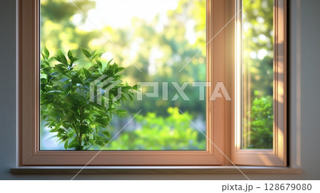 Glass window greenery mountain view corner brown metal frame with plant in outdoor with sun bright 128679080