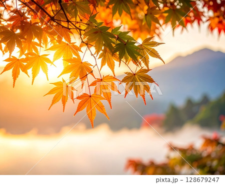 霞の朝に照らされる紅葉と山並みの風景 128679247