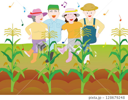 家族で野菜を栽培している農家のイラスト素材。 128679248