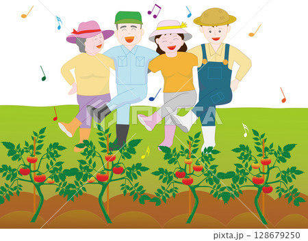 家族で野菜を栽培している農家のイラスト素材。 家族で野菜を栽培している農家のイラスト素材。 128679250