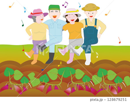 家族で野菜を栽培している農家のイラスト素材。 128679251
