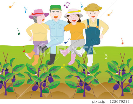 家族で野菜を栽培している農家のイラスト素材。 家族で野菜を栽培している農家のイラスト素材。 128679252