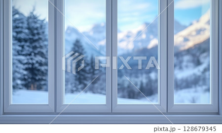 Glass window winter mountain view corner blue metal frame with plant in outdoor with sun bright 128679345