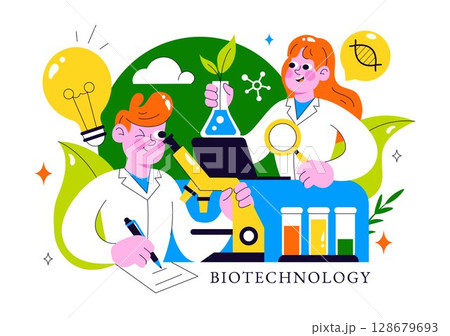 Biotechnology Innovation Illustration featuring Biology and Technology by Developing Products and Processes with a DNA in a Scientific Laboratory 128679693