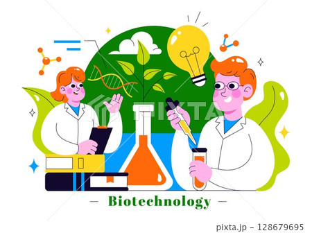 Biotechnology Innovation Illustration featuring Biology and Technology by Developing Products and Processes with a DNA in a Scientific Laboratory Biotechnology Innovation Illustration featuring Biology and Technology by Developing Products and Processes with a DNA in a Scientific Laboratory 128679695
