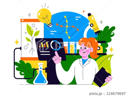 Biotechnology Innovation Illustration featuring Biology and Technology by Developing Products and Processes with a DNA in a Scientific Laboratory 128679697
