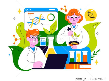 Biotechnology Innovation Illustration featuring Biology and Technology by Developing Products and Processes with a DNA in a Scientific Laboratory 128679698