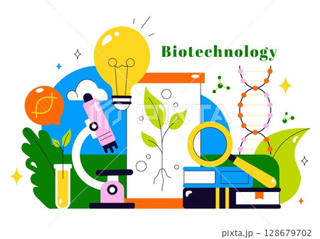 Biotechnology Innovation Illustration featuring Biology and Technology by Developing Products and Processes with a DNA in a Scientific Laboratory 128679702
